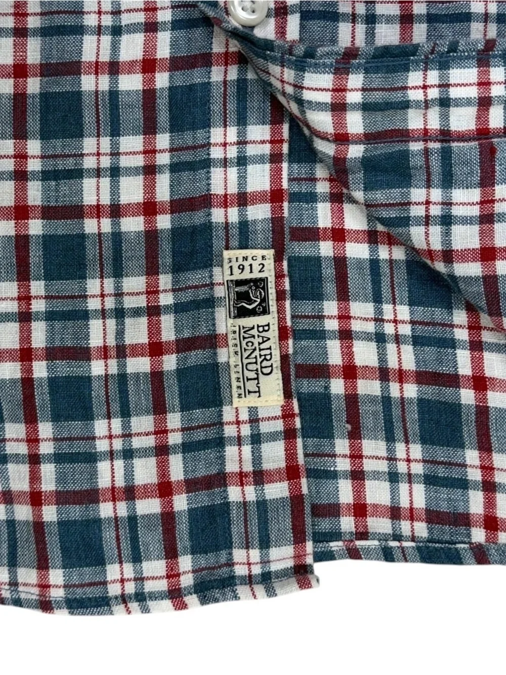J Crew Baird McNutt Irish Linen Shirt Mens XL Blue Red Plaid Short Sleeve Button